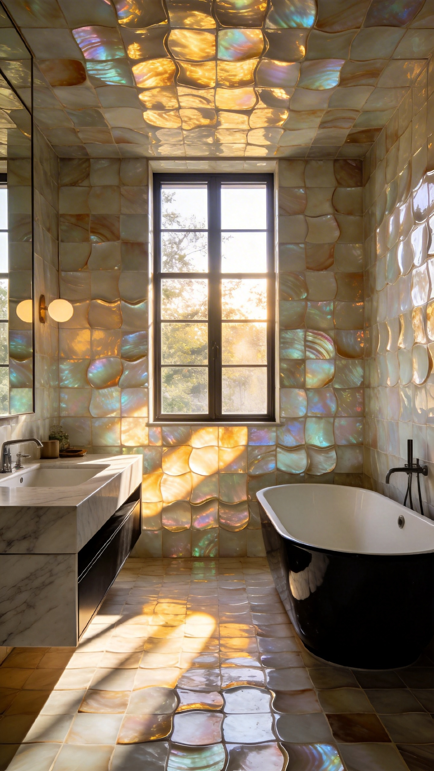 High-end bathroom interior with shimmering Zellige wall tiles reflecting natural sunlight.