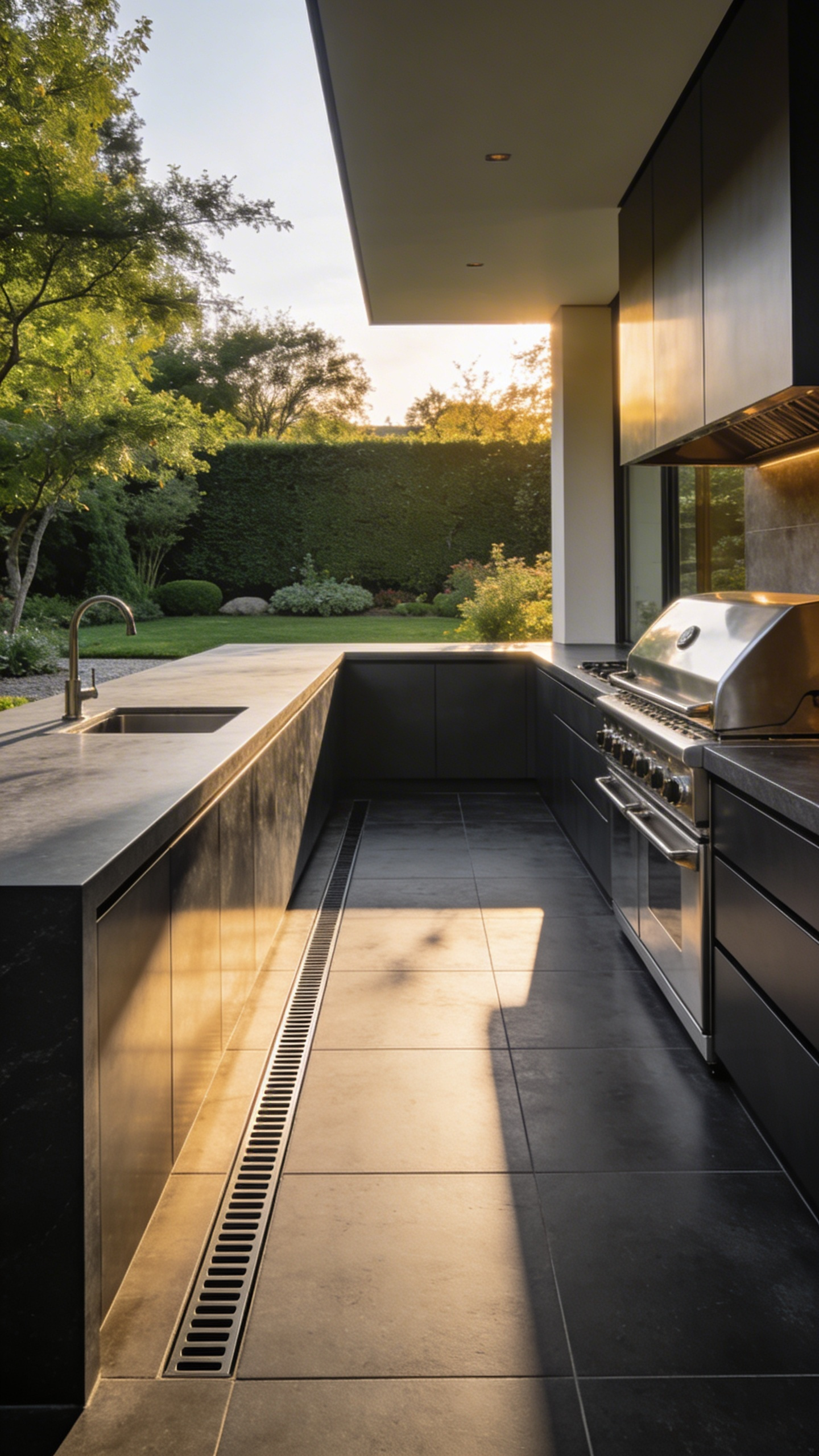 A modern outdoor kitchen design featuring large-format porcelain slab flooring and integrated drainage for easy maintenance.