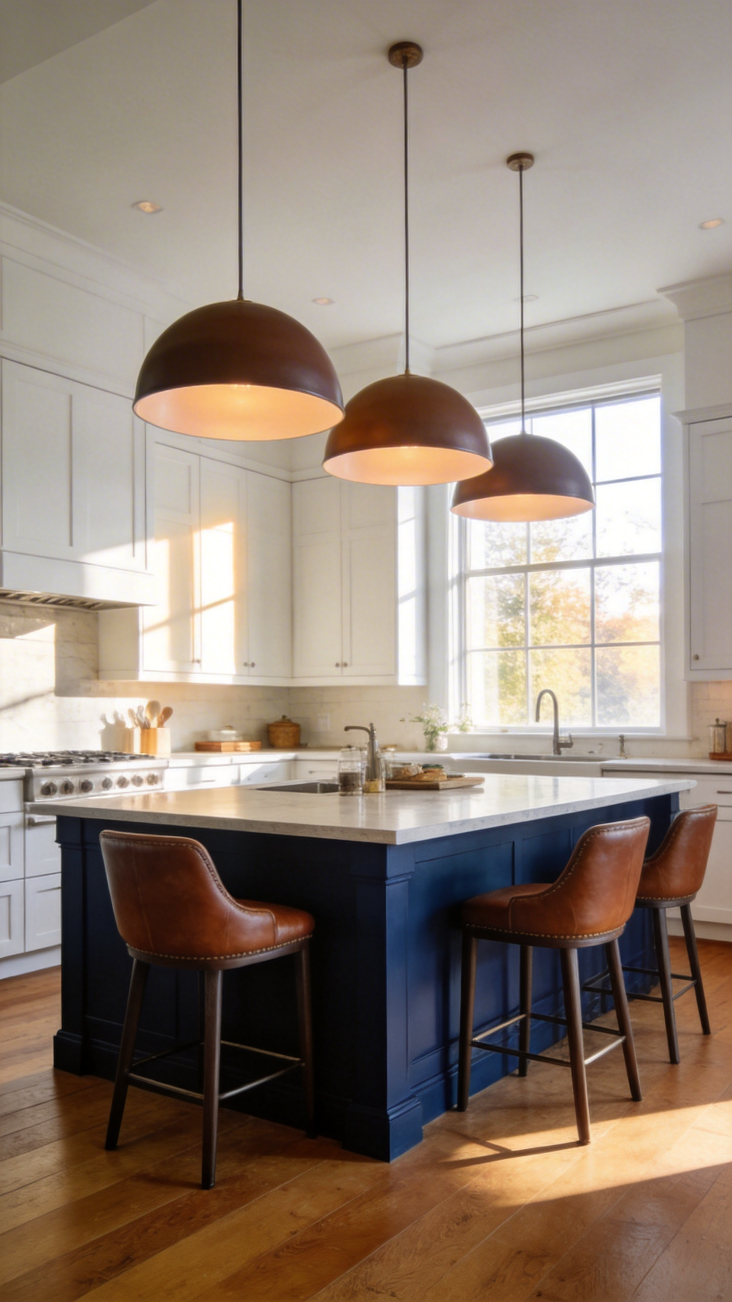 A modern kitchen featuring a matte navy blue kitchen island with seating and soft pendant lighting designed for a cozy atmosphere.
