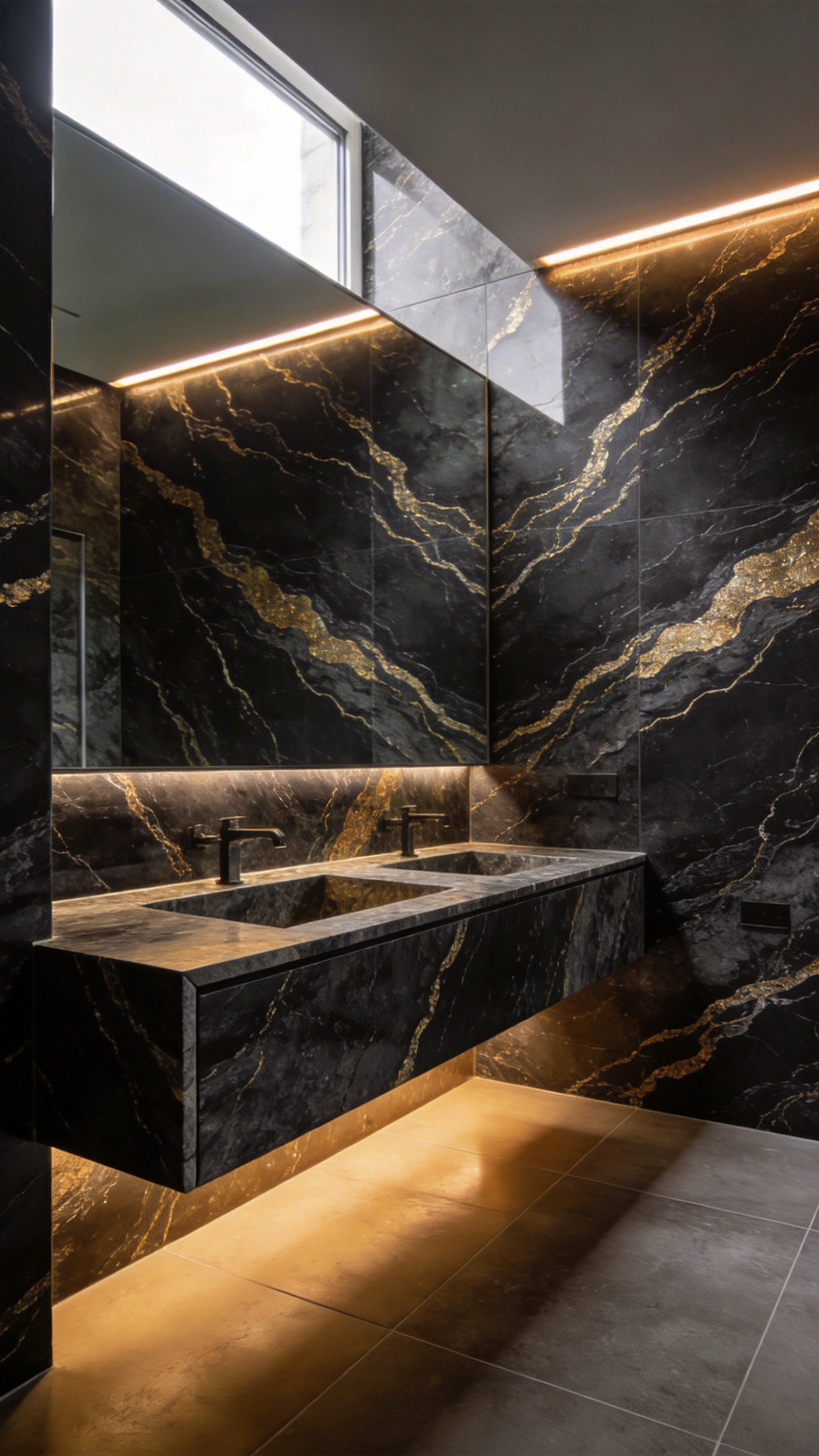A luxury bathroom interior showcasing seamless large-format porcelain slabs with continuous veining on the walls and a matching floating vanity.