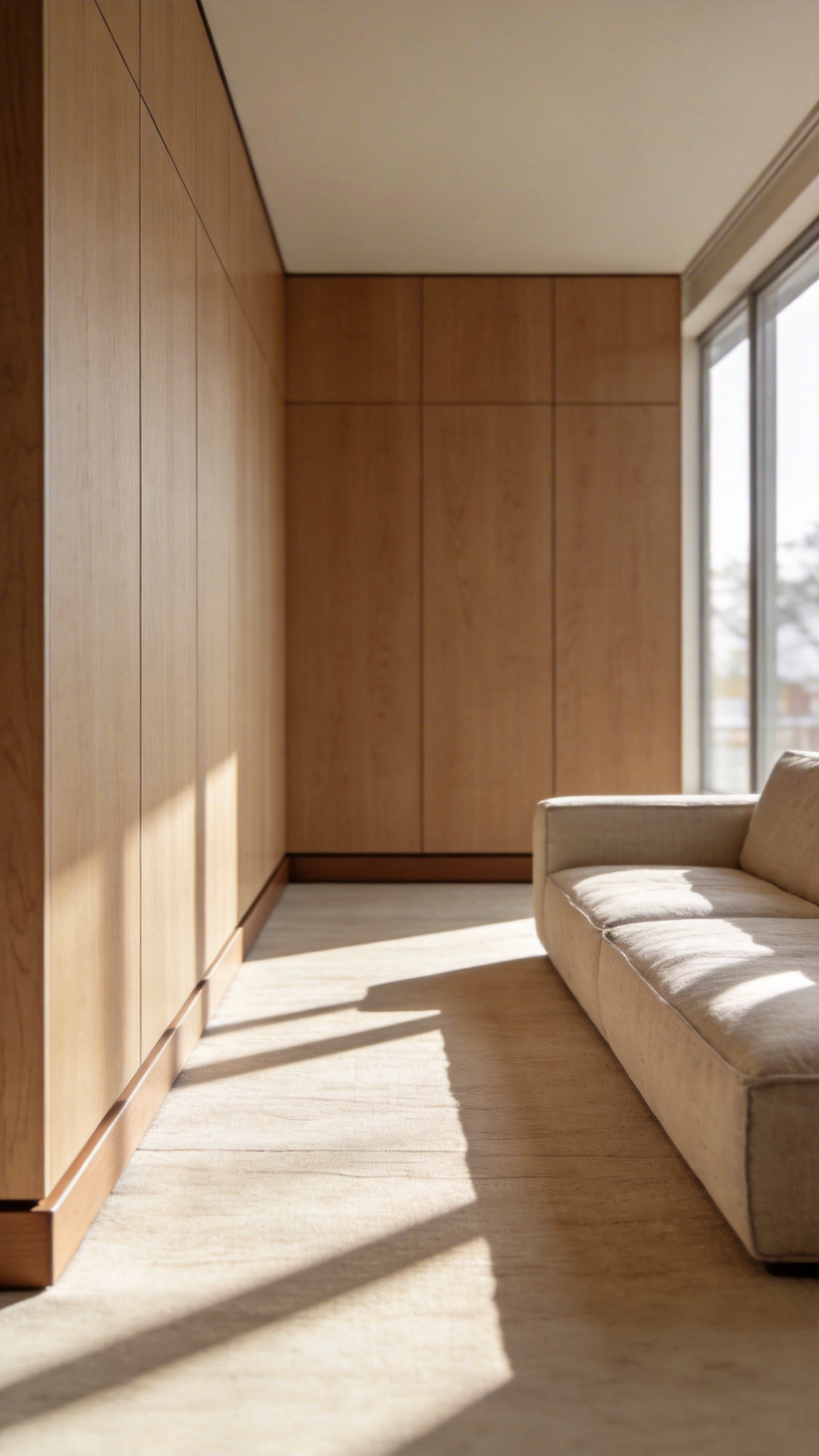 A minimalist living room featuring seamless floor to ceiling light oak cabinetry and flat, simple moldings, illustrating strategic low maintenance, dirt-deflecting interior design.
