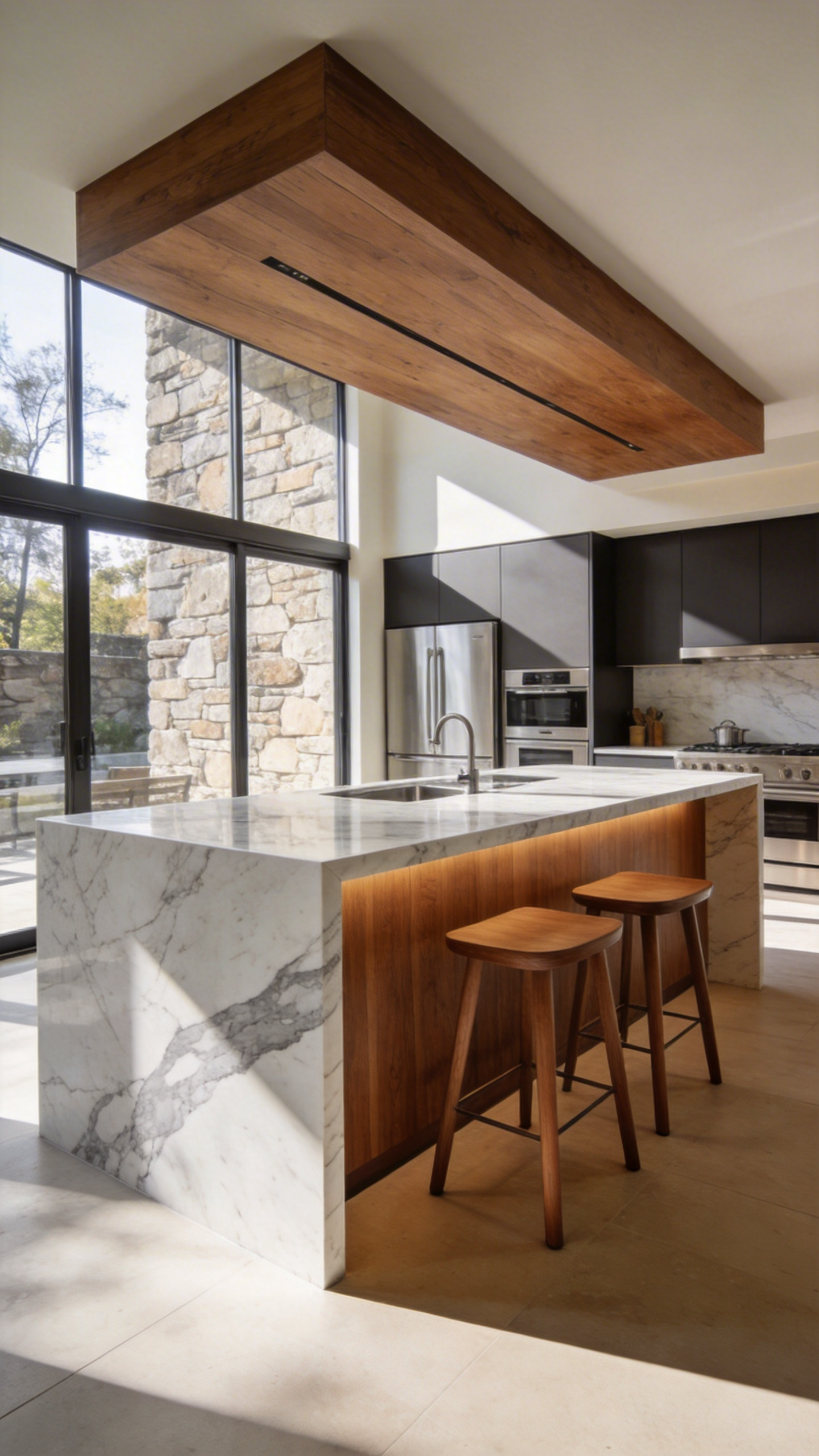 A modern kitchen island featuring a white Calacatta marble waterfall edge paired with a warm walnut wood seating area and matching bar stools.