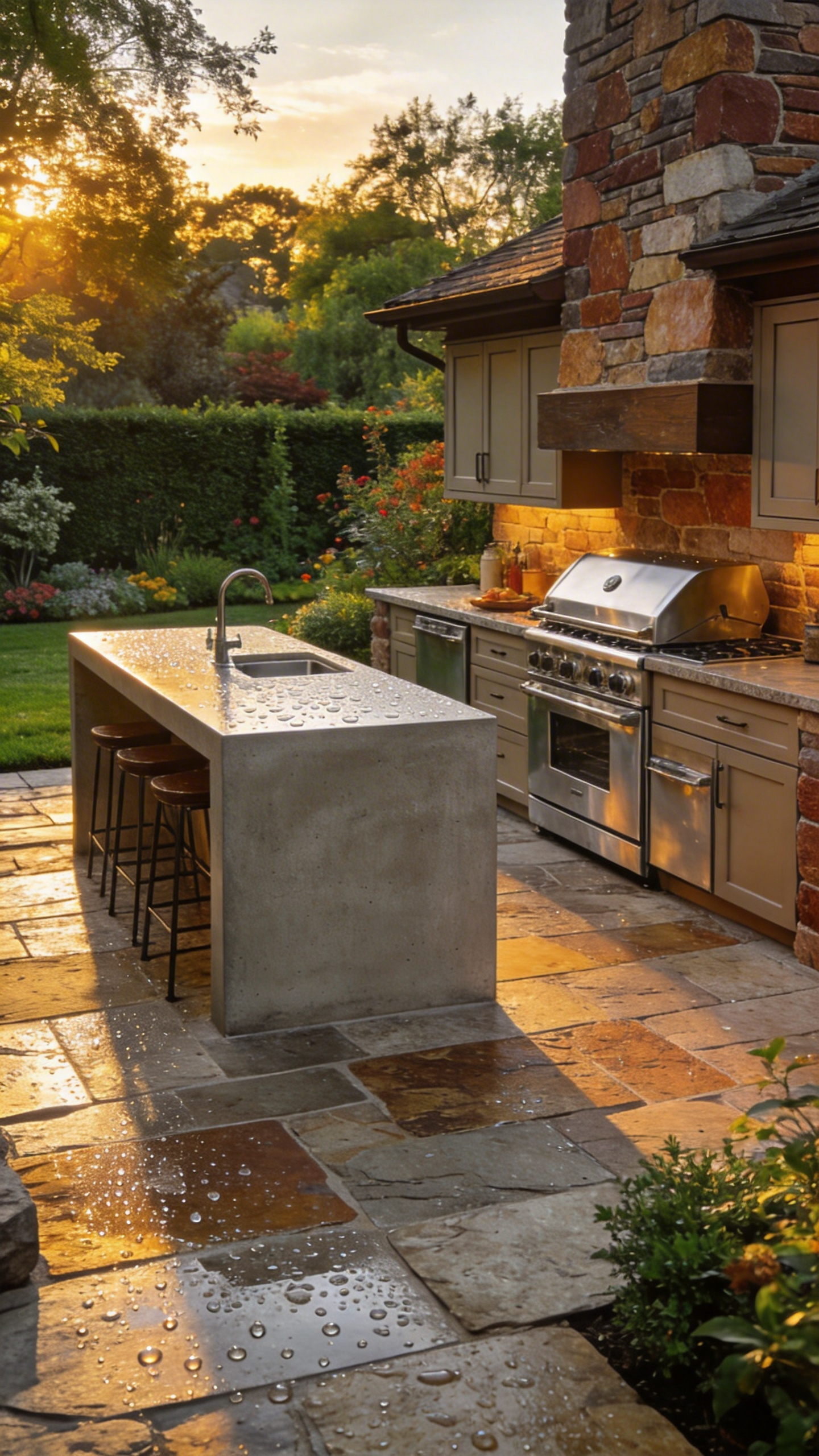 Luxury outdoor kitchen design featuring high-end stone countertops and advanced protective sealants under warm evening sunlight.