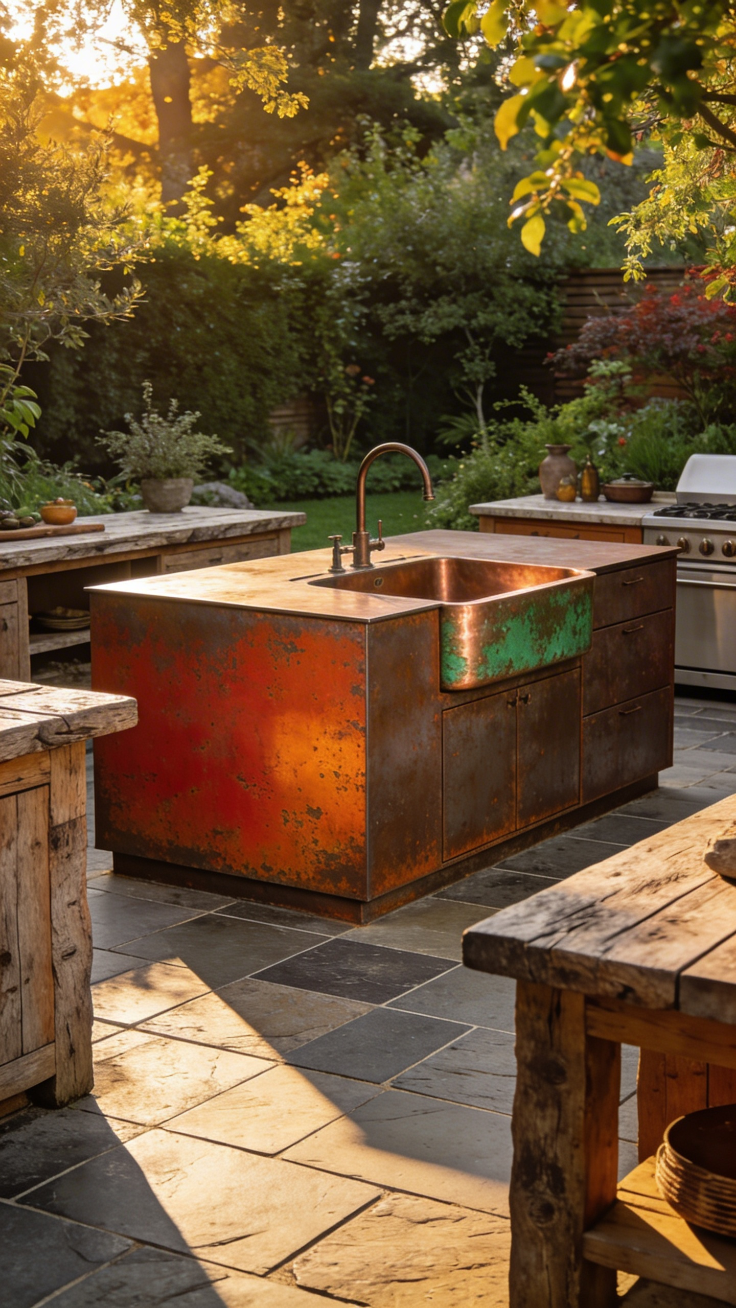 A high-end outdoor kitchen design featuring weathered Corten steel cabinets and a copper sink with a natural patina in a sunlit garden.