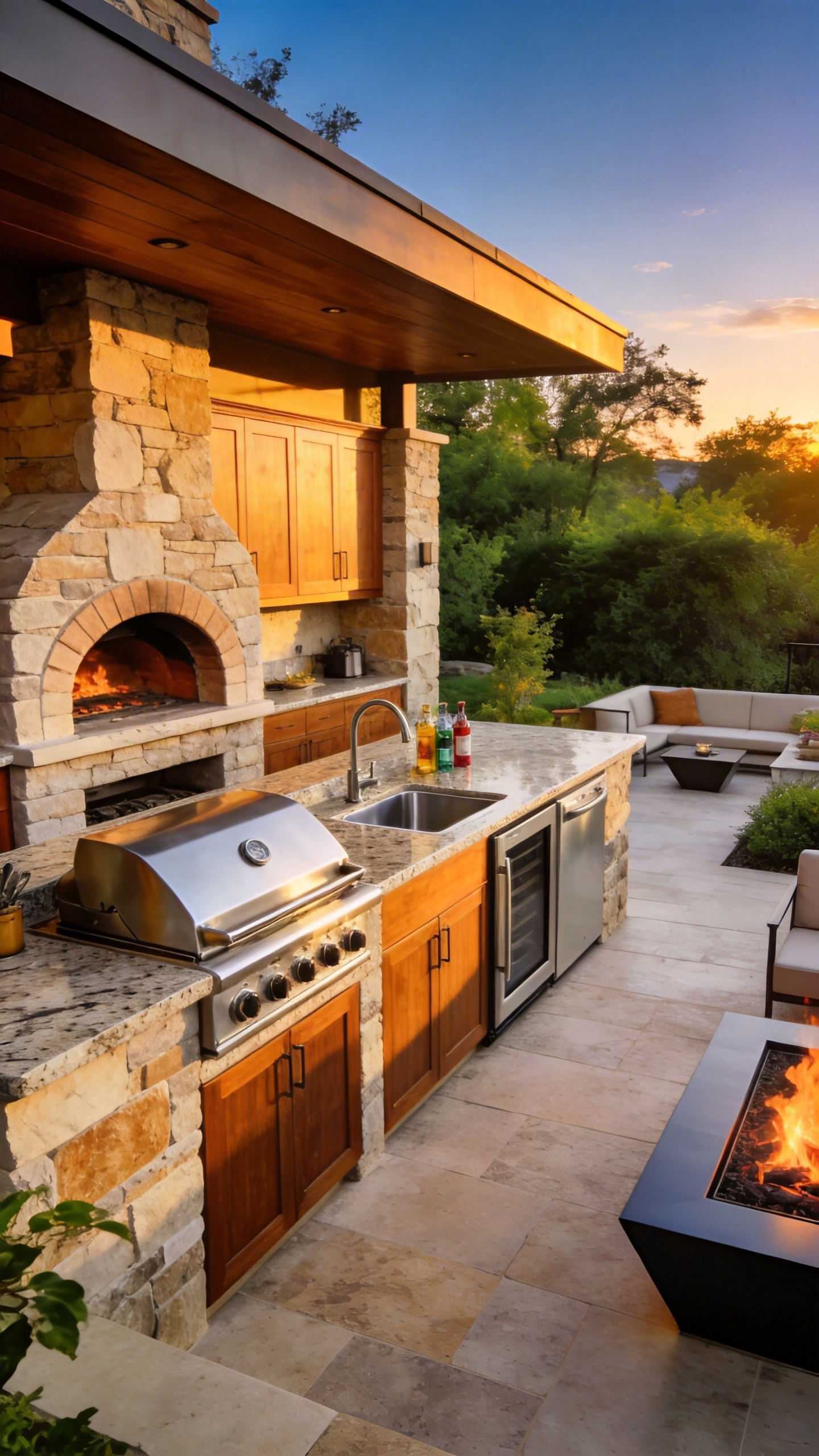 A spacious and modern outdoor kitchen featuring organized cooking, prep, and social zones with high-end appliances and stone finishes.