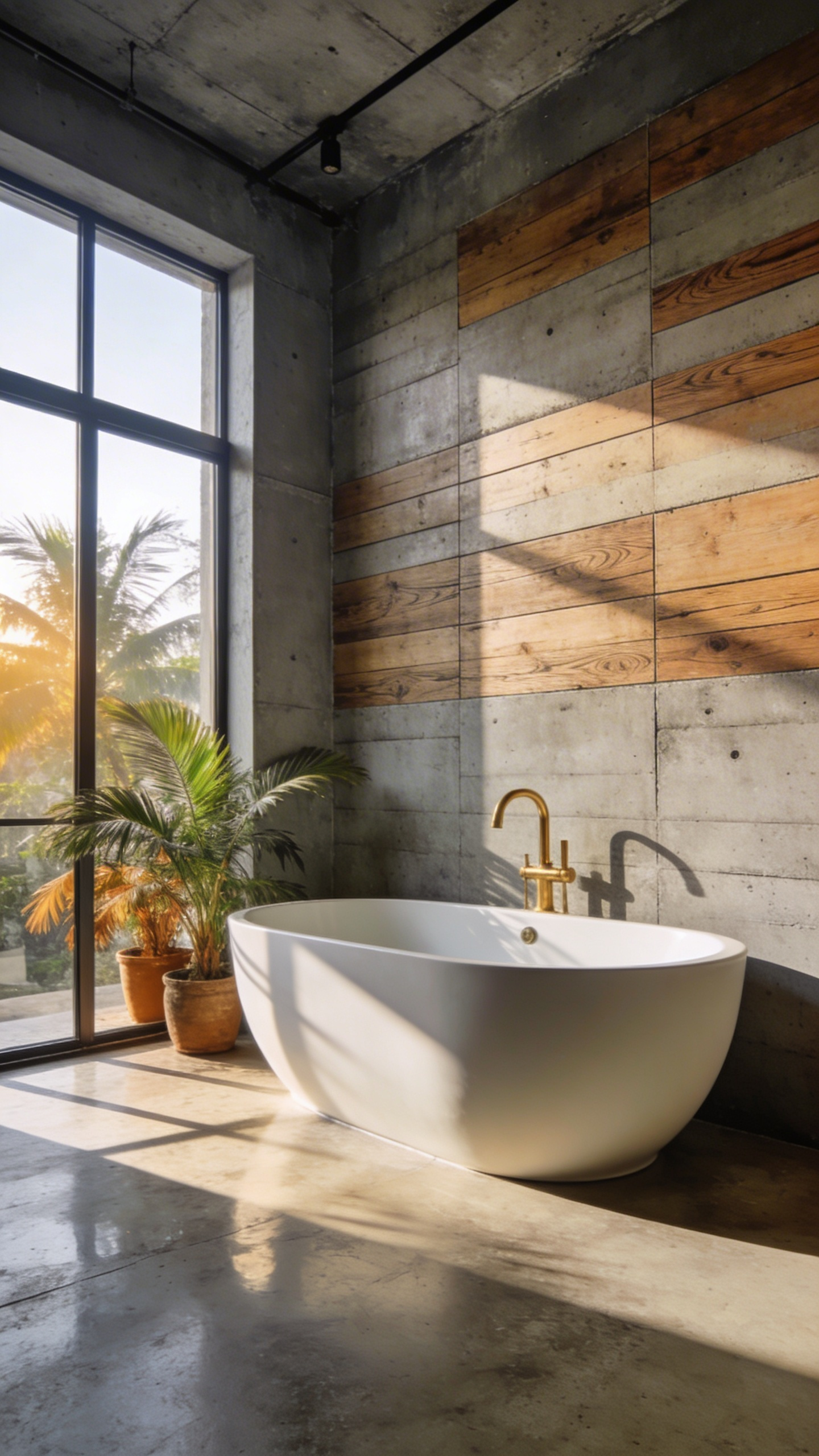 A modern bathroom design featuring industrial board-marked concrete wall tiles and a soft white freestanding bathtub.