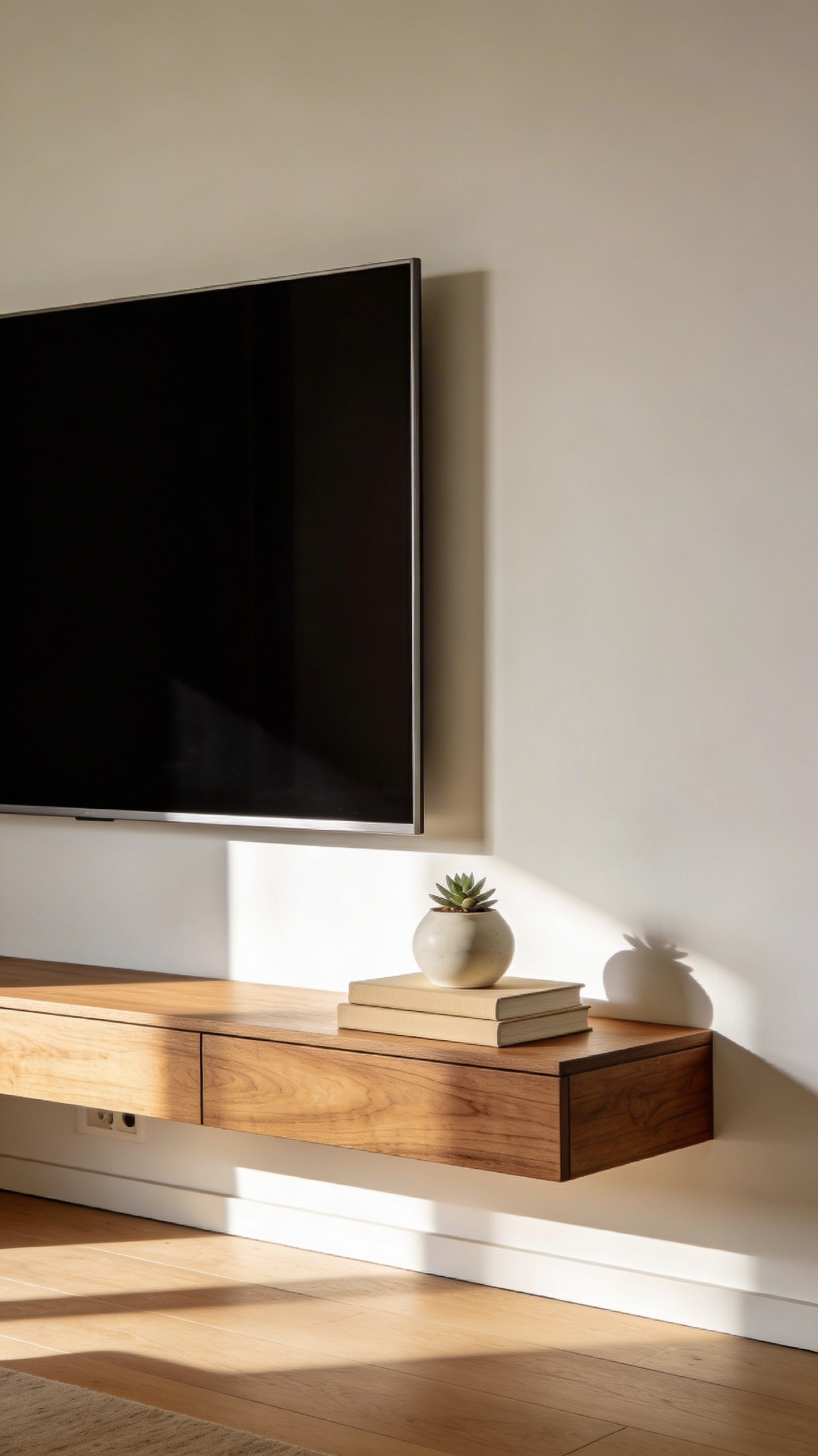 Minimalist living room media console with a wall-mounted television and floating oak cabinet demonstrating completely invisible cable management for a clutter-free environment.