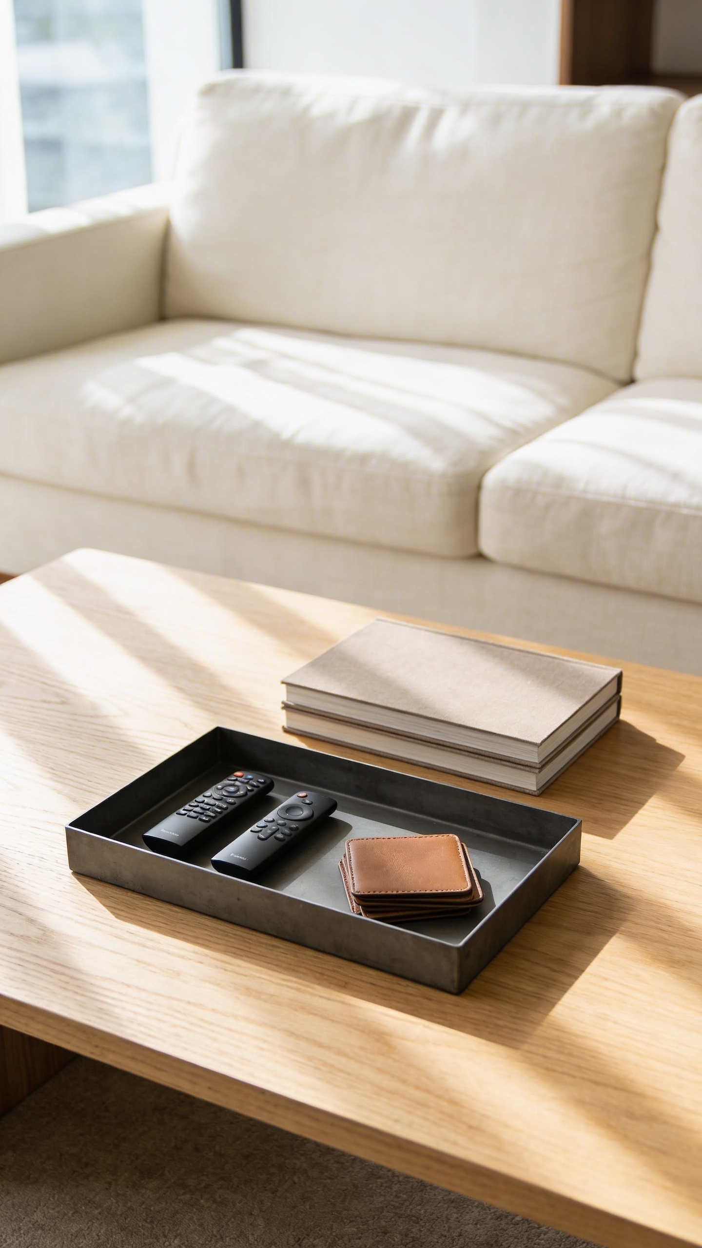 A simple living room featuring a light wood coffee table where a rectangular matte metal tray organizes remote controls and coasters, illustrating the concept of transforming surface clutter into a visually organized vignette.