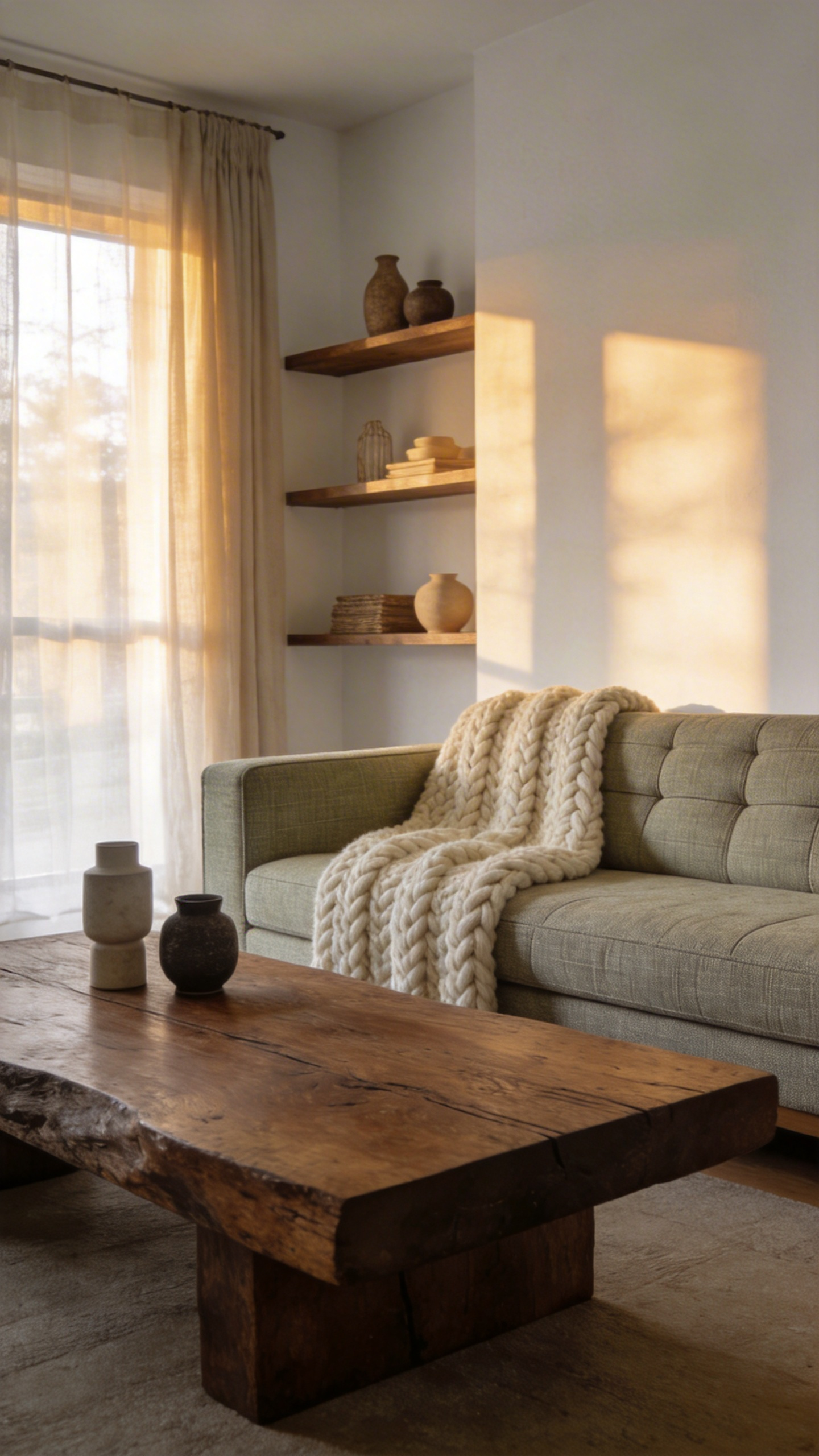 A minimalist living room scene showcasing the three-texture rule, featuring smooth wood, woven linen upholstery, and a chunky knit wool throw blanket to create warmth and depth.