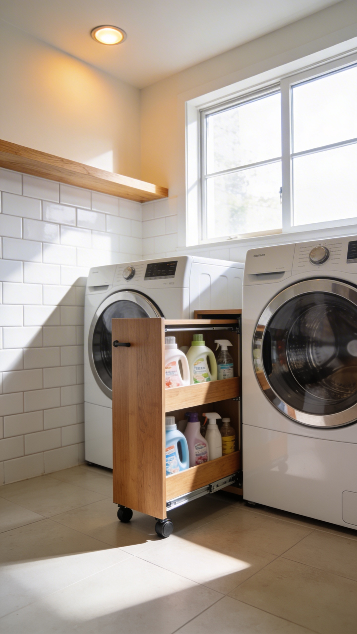 A modern laundry room featuring a slim six-inch rolling storage pantry pulled out from a gap between a matching washer and dryer.