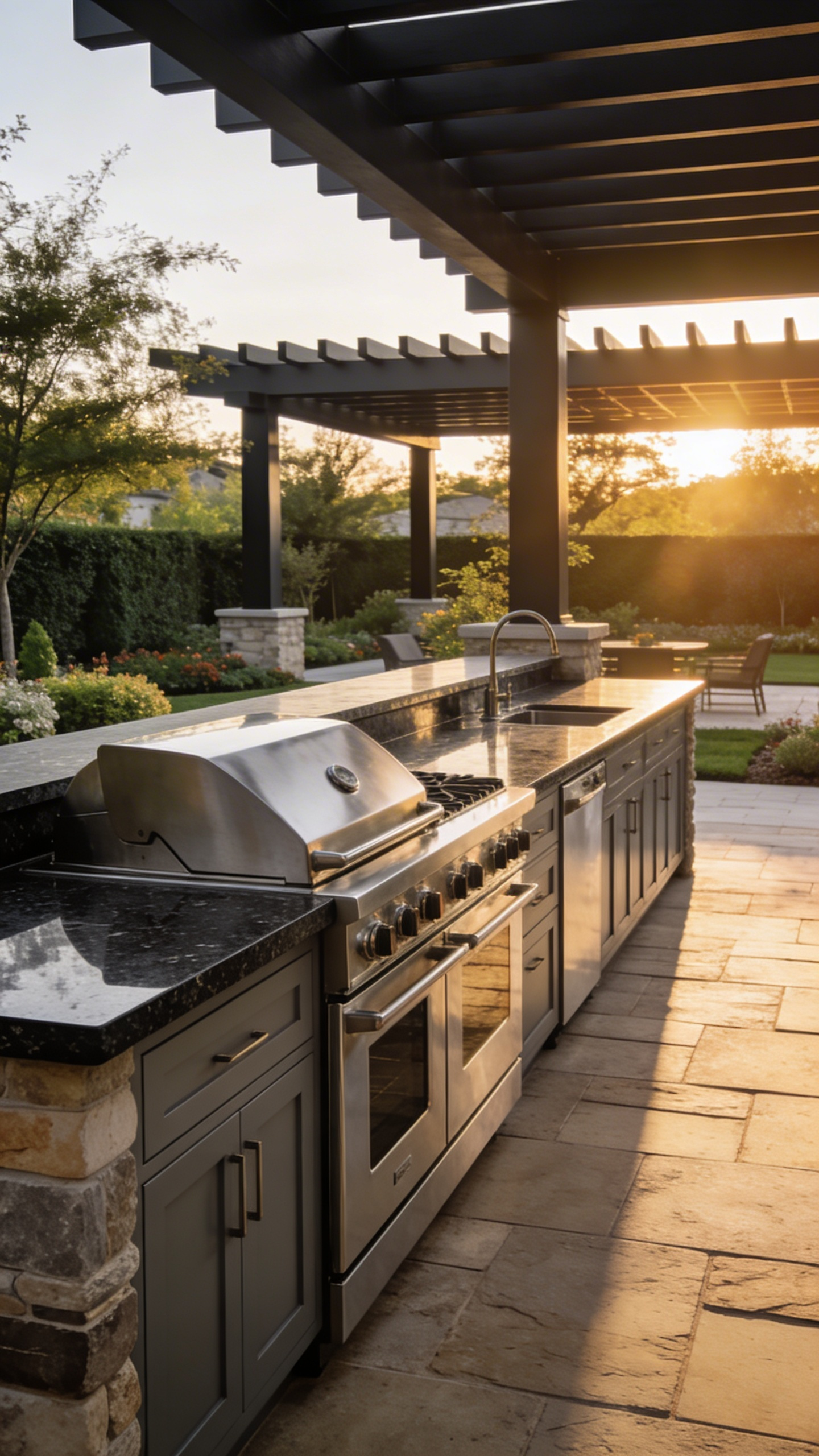 A high-end outdoor kitchen design with heavy stone countertops and modern cabinetry showcasing structural engineering and durability.