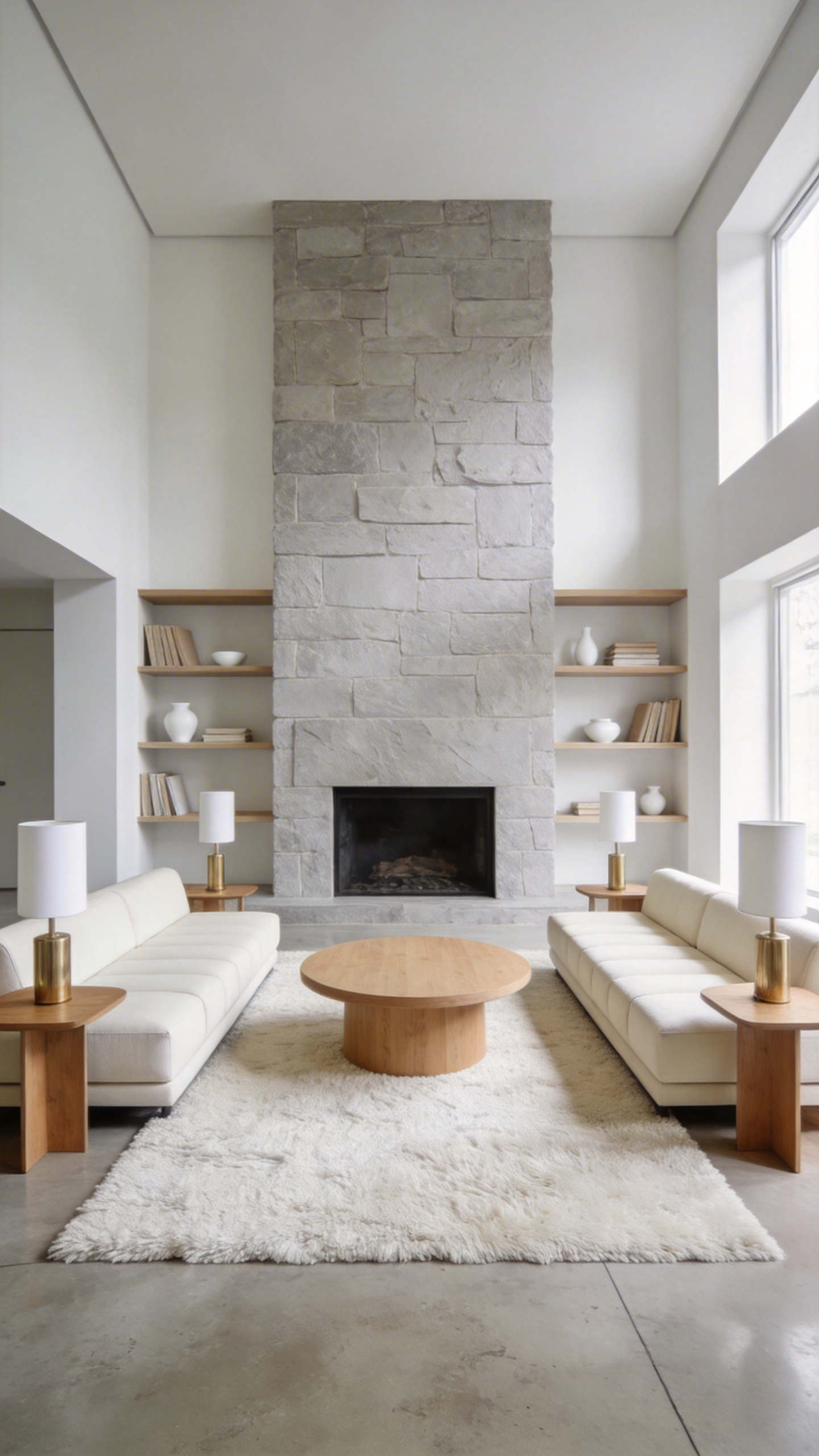A bright, modern minimalist living room designed for symmetrical anchoring, featuring two identical cream sofas facing a central stone fireplace, flanked by matching lamps and structured low-profile furniture to create a sense of order and serenity.