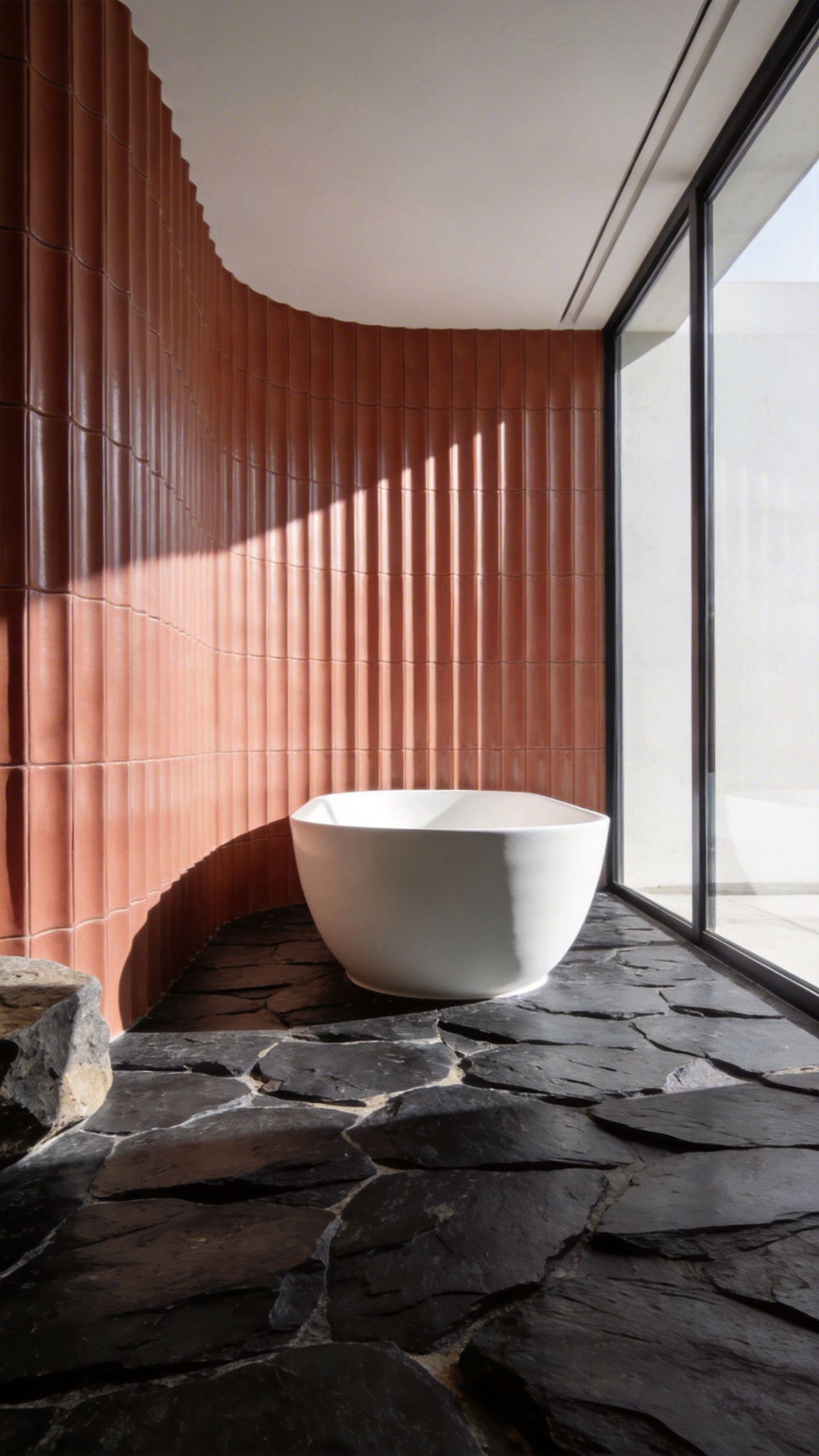 A modern bathroom featuring a combination of vertical fluted wall tiles and textured riven slate flooring illuminated by natural sunlight.