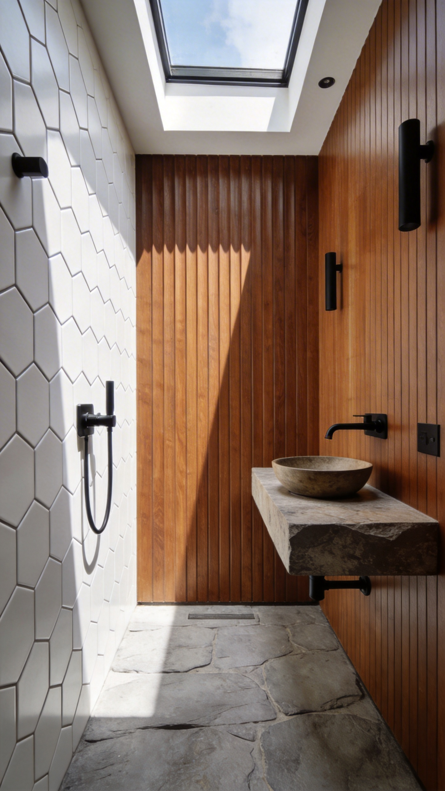 A compact bathroom featuring 3D hexagonal wall tiles and walnut wood accents to illustrate tactile decorating ideas for small spaces.