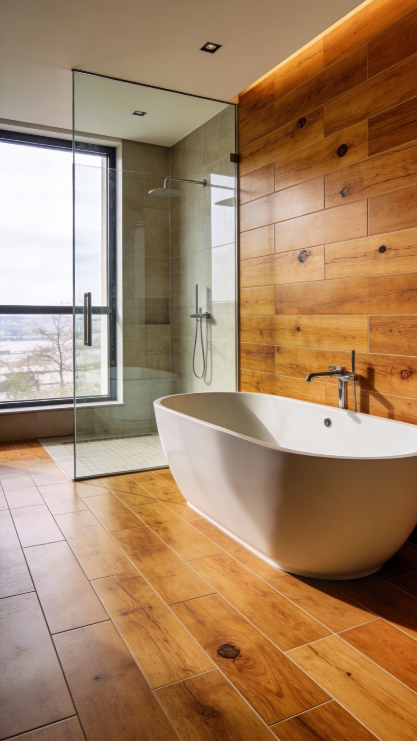 A modern luxury bathroom showcasing realistic wood-look timber ceramic tiles on the floor and walls with a white freestanding tub.