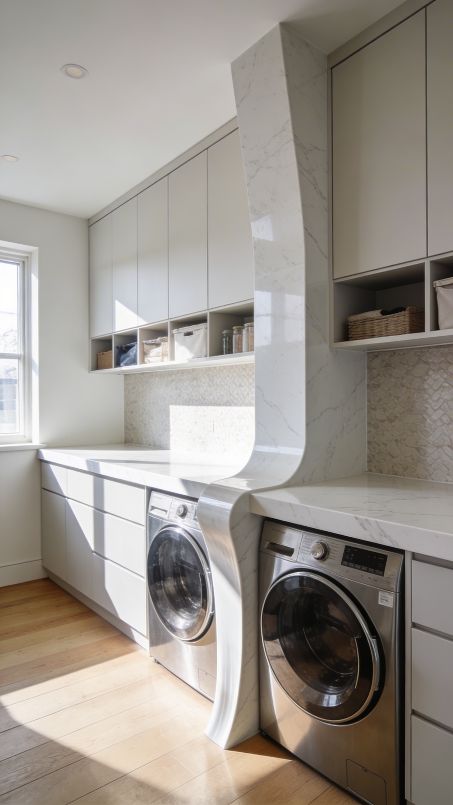 A modern laundry room showcasing a white marble waterfall folding counter over front-loading machines with minimalist cabinetry for organized storage.