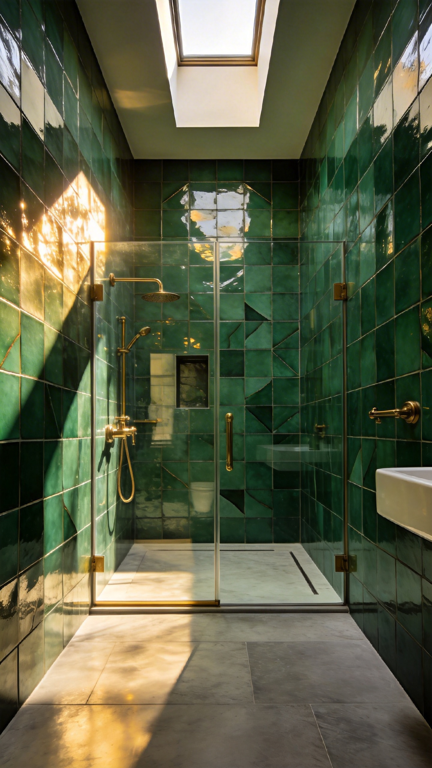 A luxurious bathroom featuring emerald green Zellige wall tiles that catch and scatter natural sunlight to create a shimmering effect.