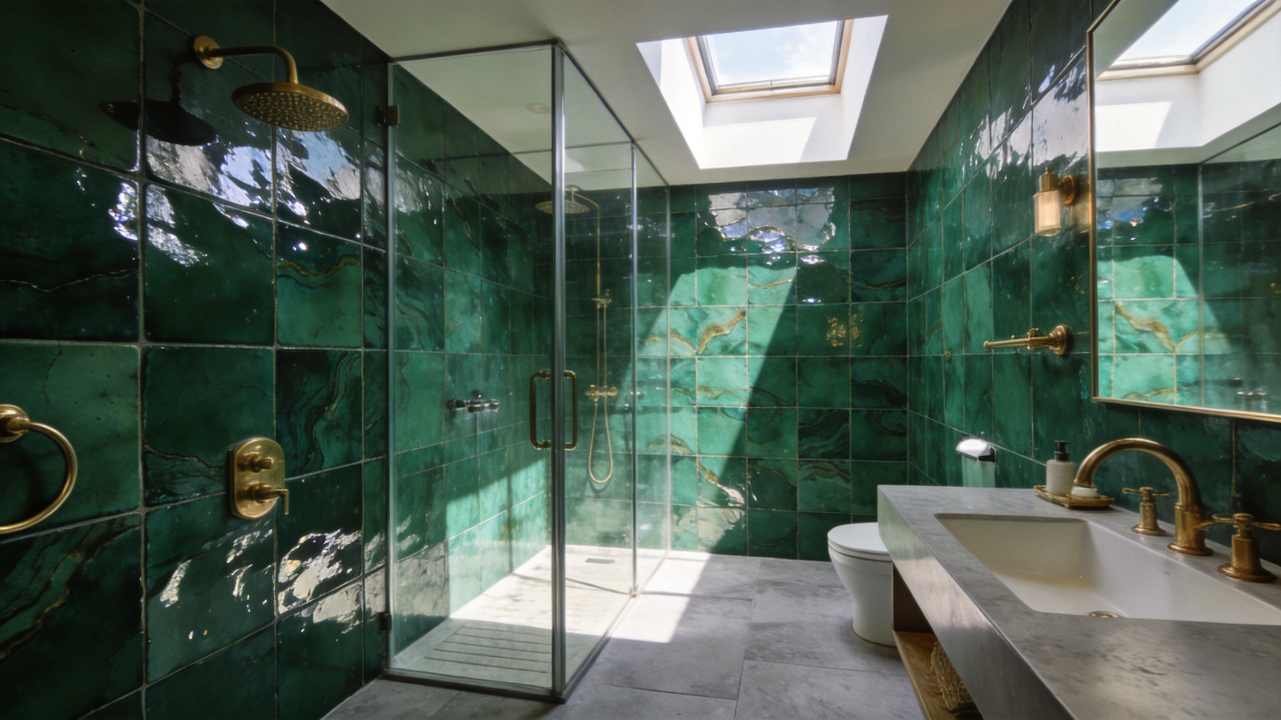 A luxurious bathroom featuring emerald green Zellige wall tiles that catch and scatter natural sunlight to create a shimmering effect.